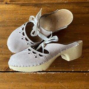 Calou Stockholm Knyta Suede Clog Wooden Heel Tie Bow Size 42 Swedish Clogs